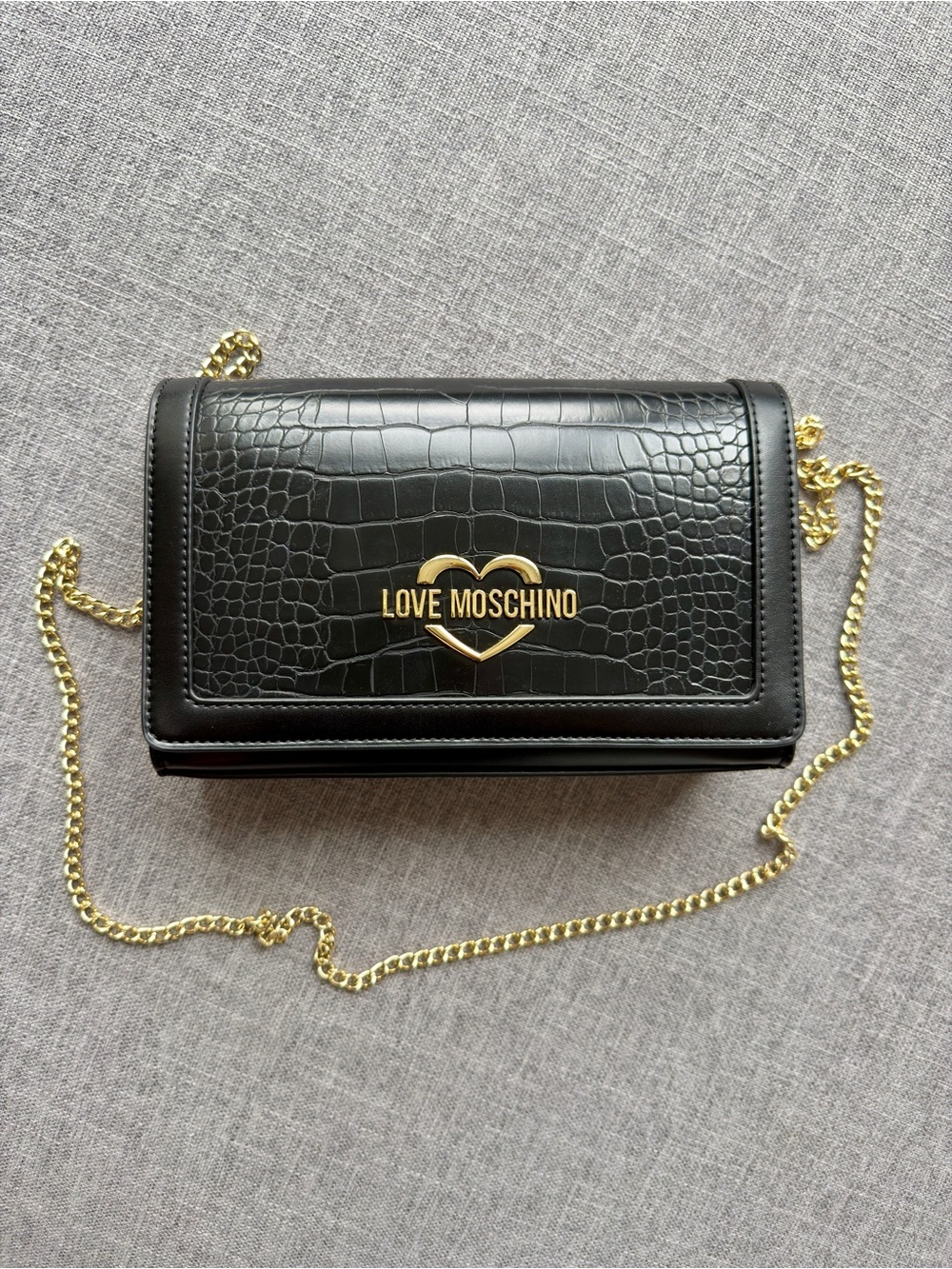 Love Moschino Black Croc-Embossed Crossbody with Gold Chain